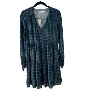 Harper Heritage Green Blue Plaid V‎ Neck Long Sleeve Dress Sz XXS Womens NWT